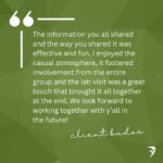 We love to host guests and give them a tour of our workspace and on-site accredited laboratory. More importantly, we enjoy sharing about the work we do and how we can help our teaming partners. #clientkudos